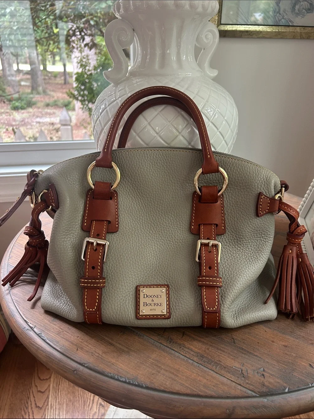 Dooney & Bourke Sage Pebble Leather Satchel with Brown Trim